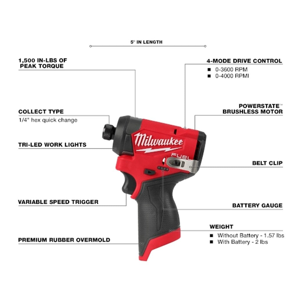 Milwaukee M12 FUEL 1/4" Hex Impact Driver - feature callouts