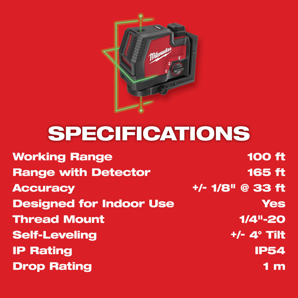 Milwaukee 3522-21 - USB Rechargeable Green Cross Line & Plumb Points Laser