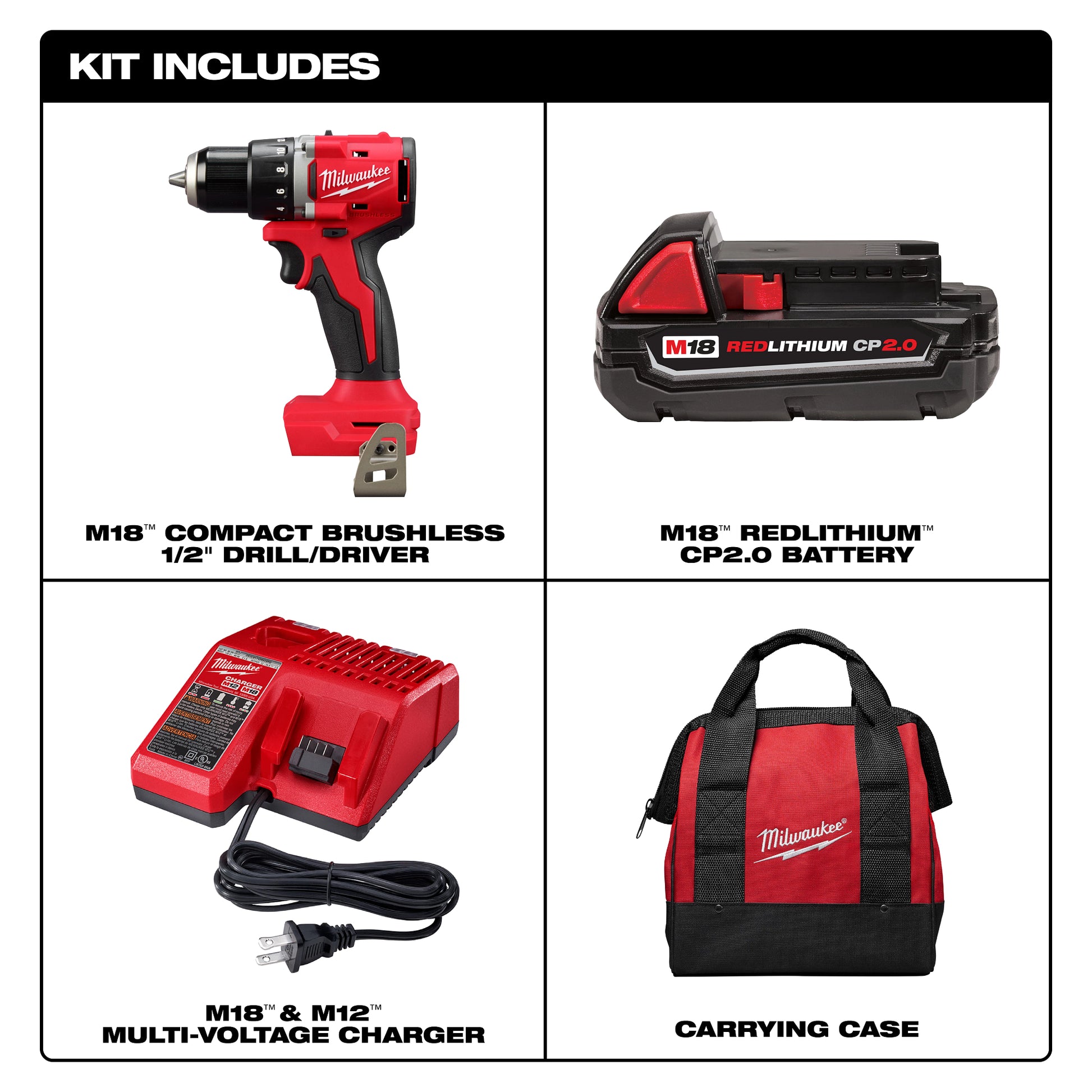 Milwaukee 3601-21CT Kit Contents - Includes Drill, Battery, Charger, and Bag