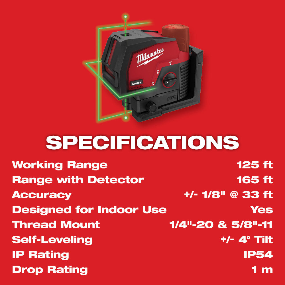 Laser vert Milwaukee 3622-20 M12™ pour lignes croisées et points d'aplomb