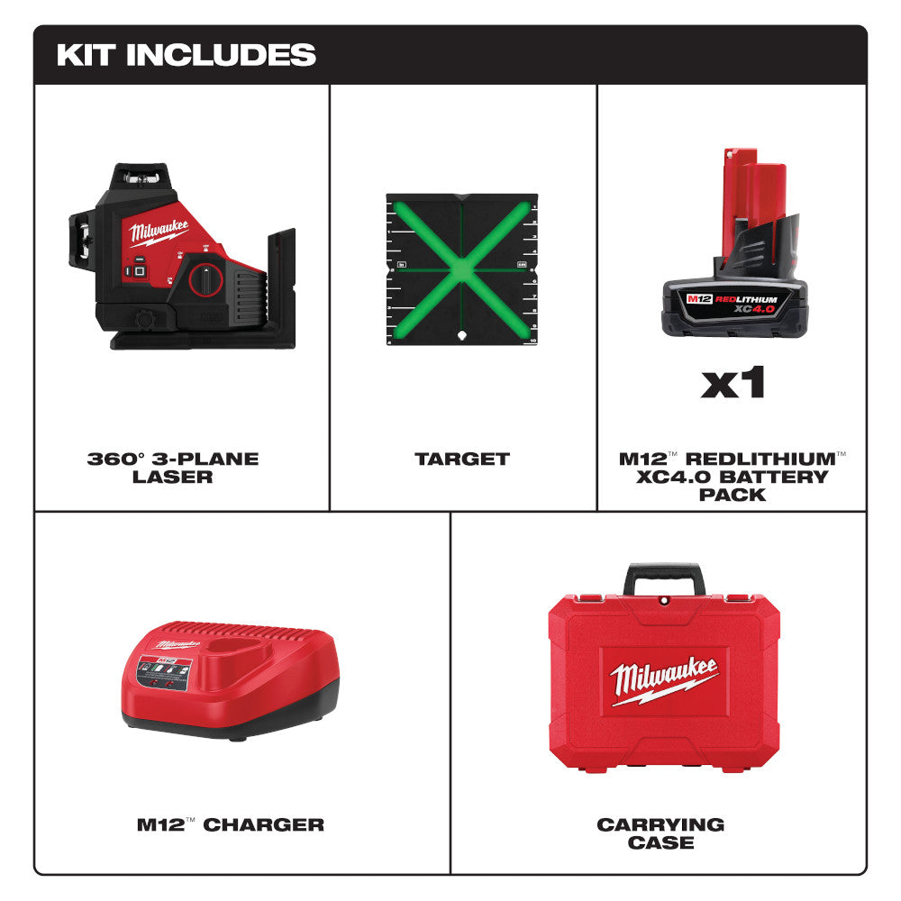 Milwaukee 3632-21 - M12™ Grünes 360-Grad-3-Ebenen-Laser-Kit