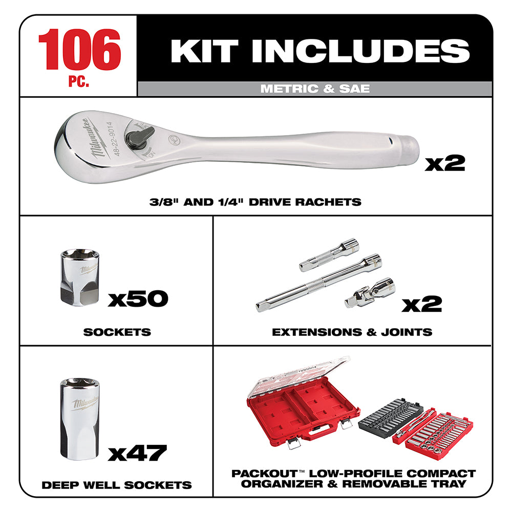 Milwaukee 48-22-9486 – 1/4 Zoll und 3/8 Zoll, 106-teiliger Ratschen- und Steckschlüsselsatz in PACKOUT™ – SAE und metrisch