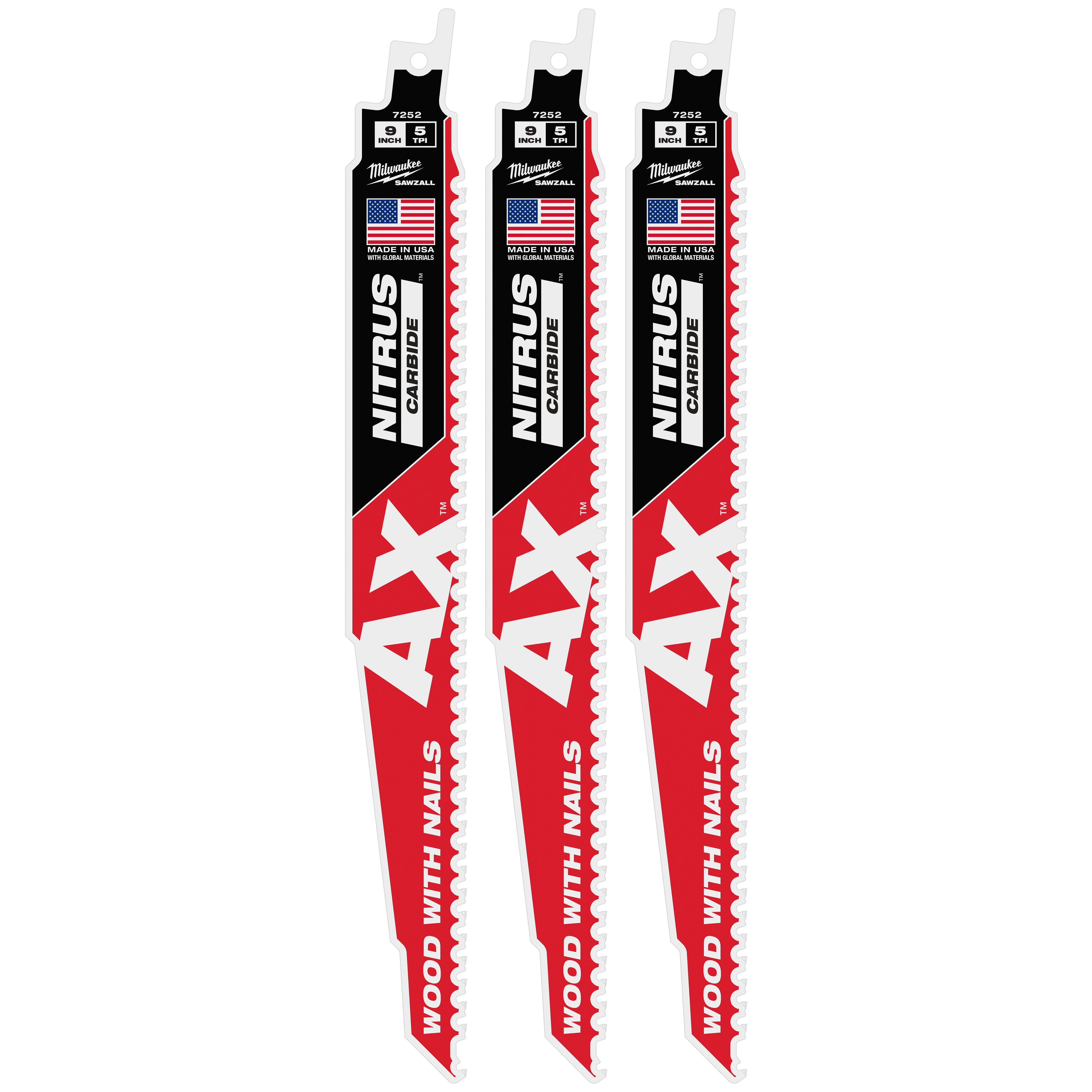 Milwaukee 48-00-7352 9-Inch 5 TPI AX with NITRUS Carbide Teeth SAWZALL Blade 3-Pack