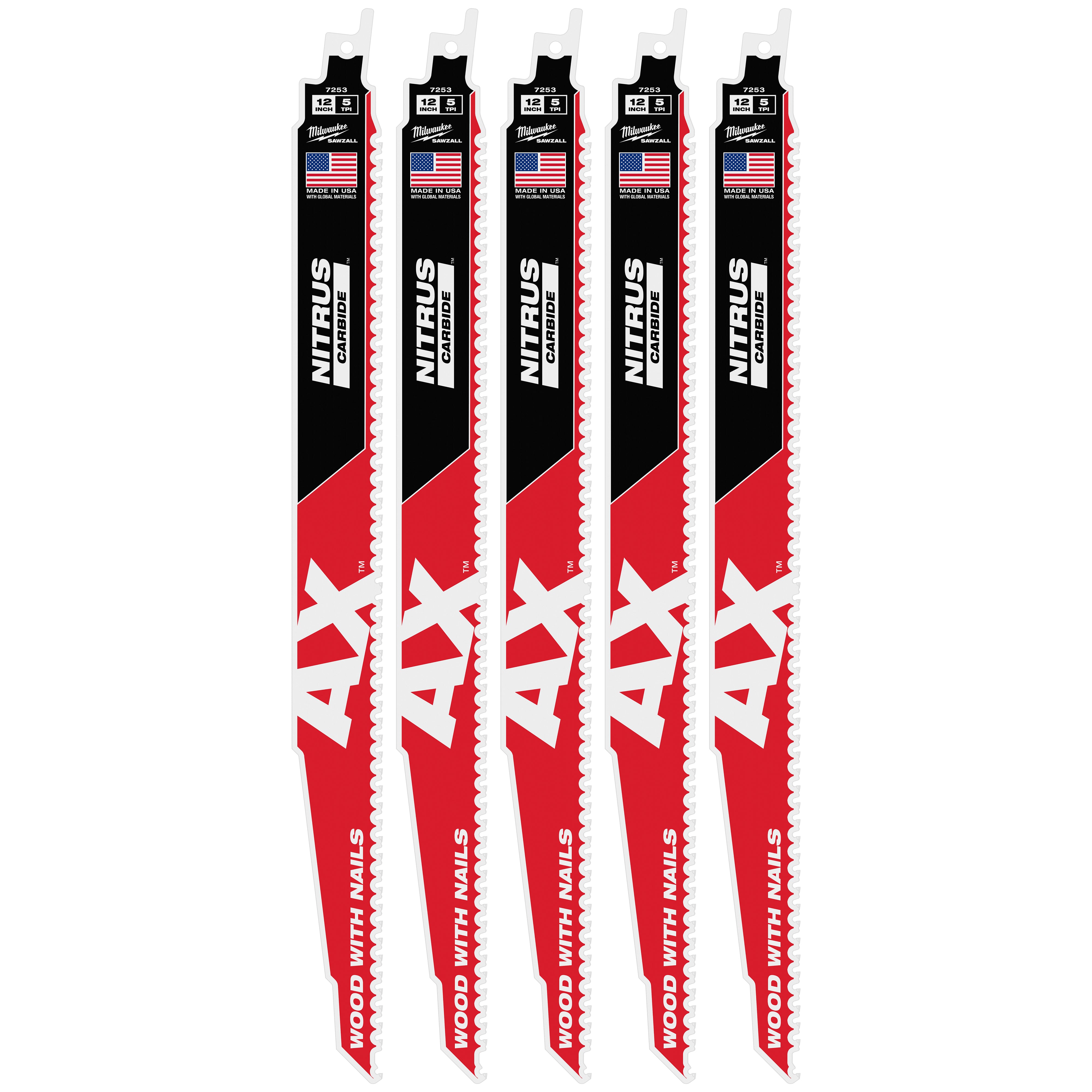 Milwaukee 48-00-7553 12-inch AX NITRUS Carbide SAWZALL Blade 5-Pack