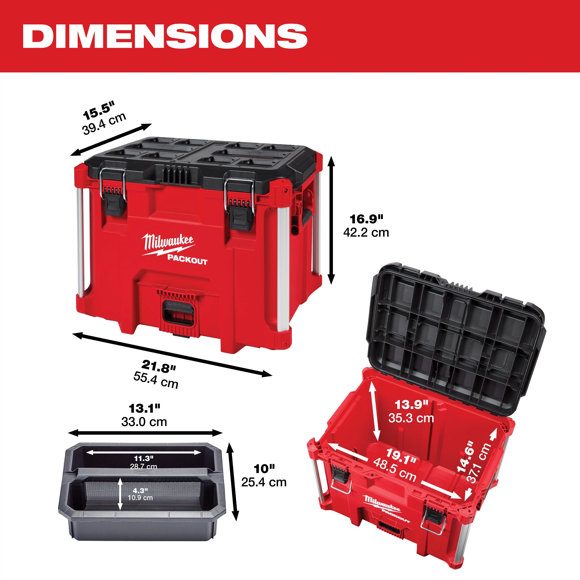 Milwaukee 48-22-8423 PACKOUT XL Tool Box - Dimensions