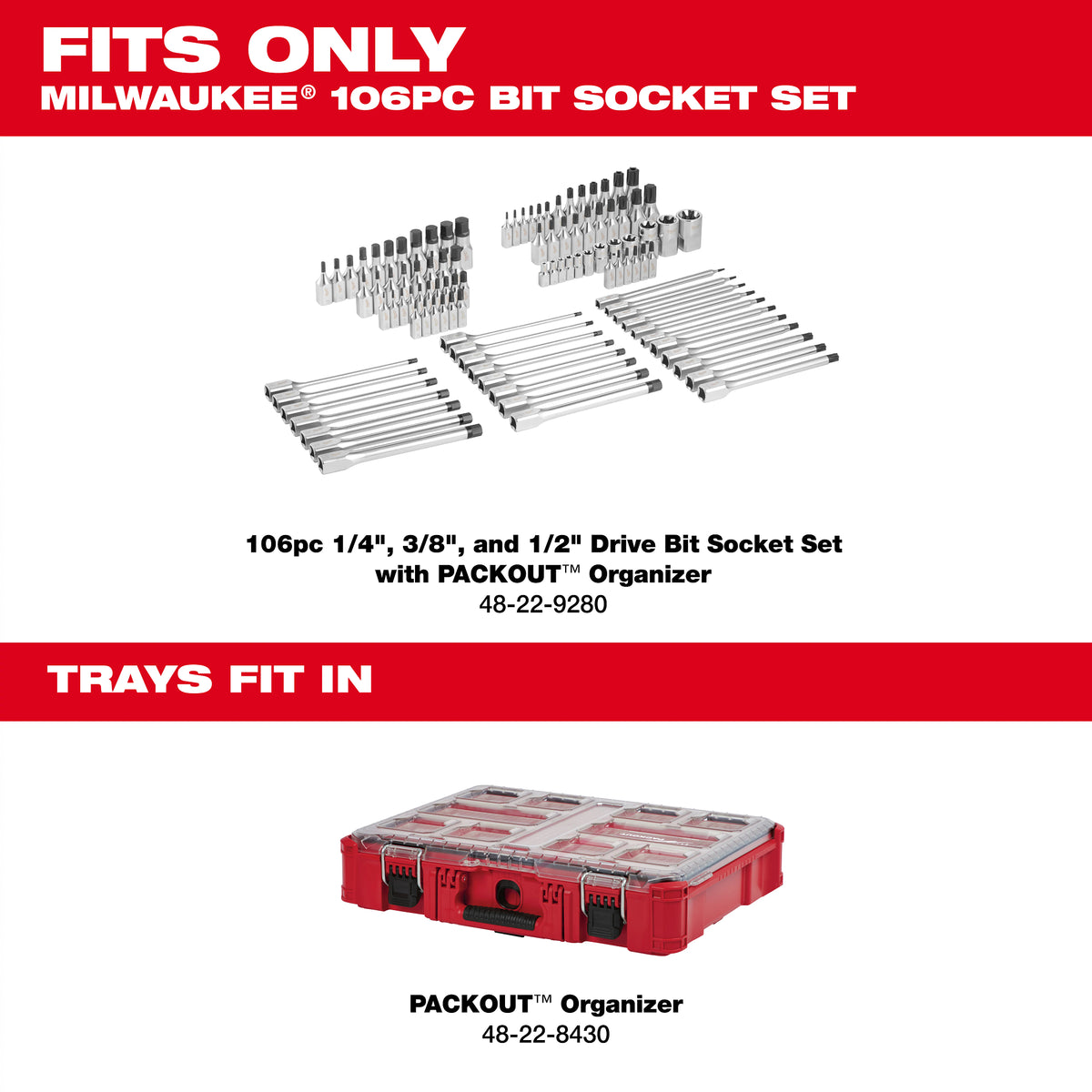 106pc 1/4", 3/8", and 1/2" Drive Bit Socket Set with PACKOUT™ Organizer