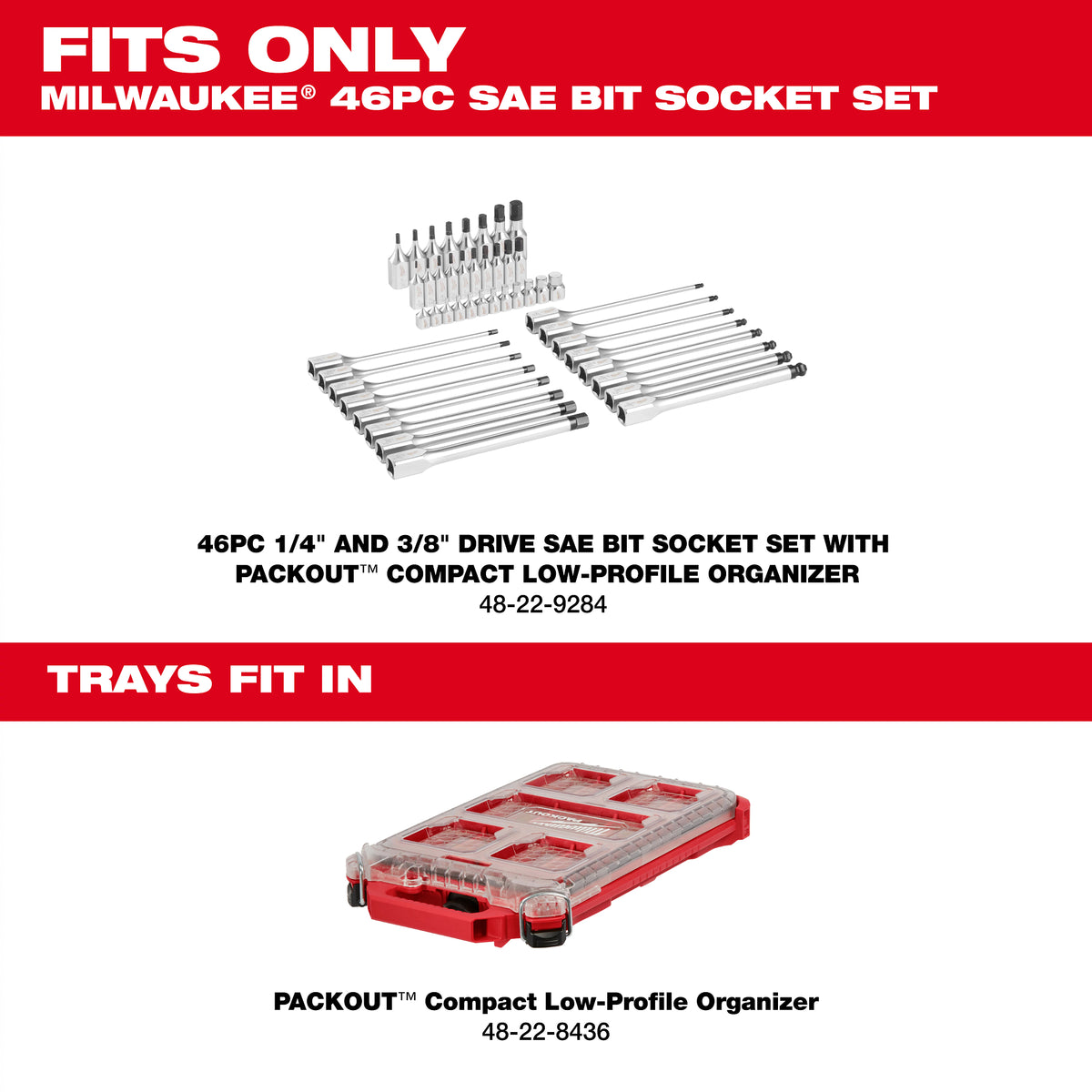 46pc 1/4” and 3/8” Drive SAE Bit Socket Set with PACKOUT™ Compact Low-Profile Organizer
