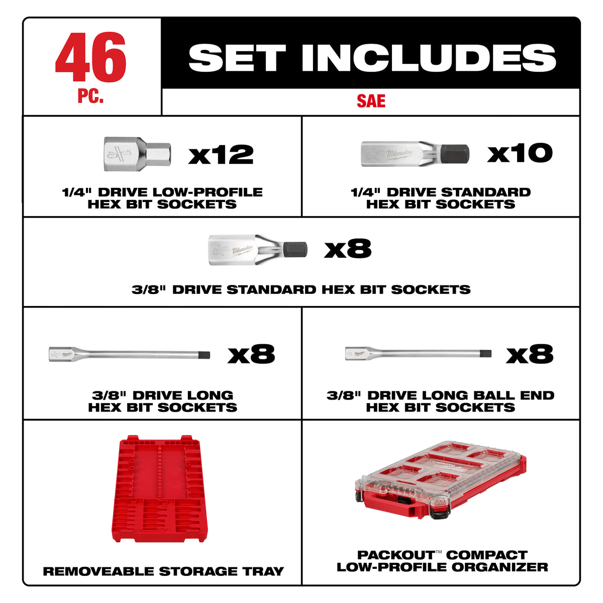 46pc 1/4” and 3/8” Drive SAE Bit Socket Set with PACKOUT™ Compact Low-Profile Organizer