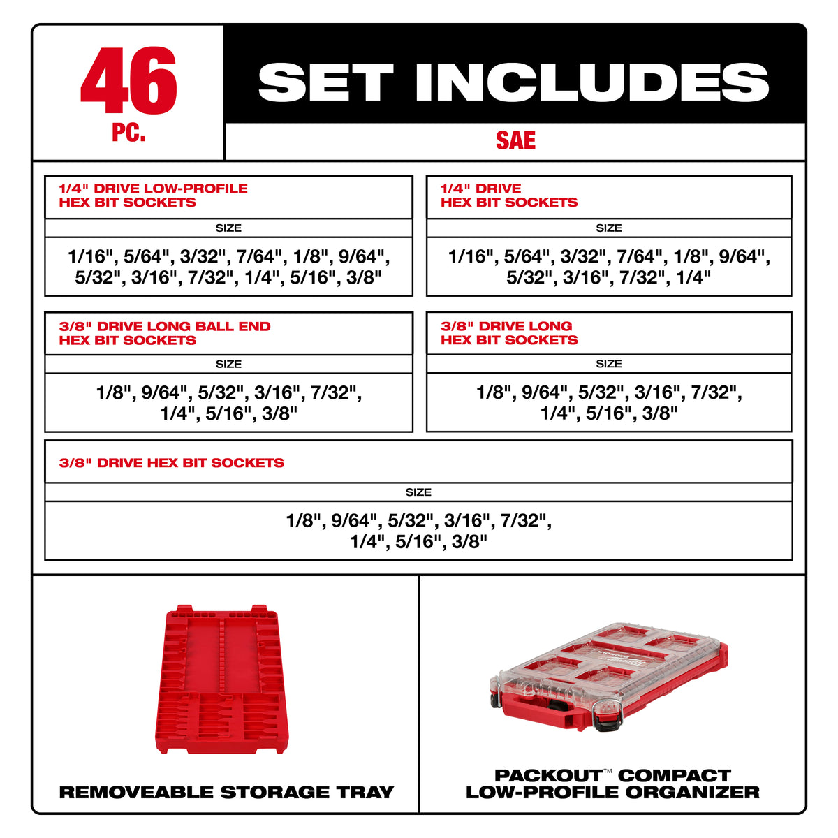 46pc 1/4” and 3/8” Drive SAE Bit Socket Set with PACKOUT™ Compact Low-Profile Organizer