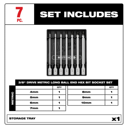7pc 3/8" Drive Metric Long Ball End Hex Bit Socket Set Contents
