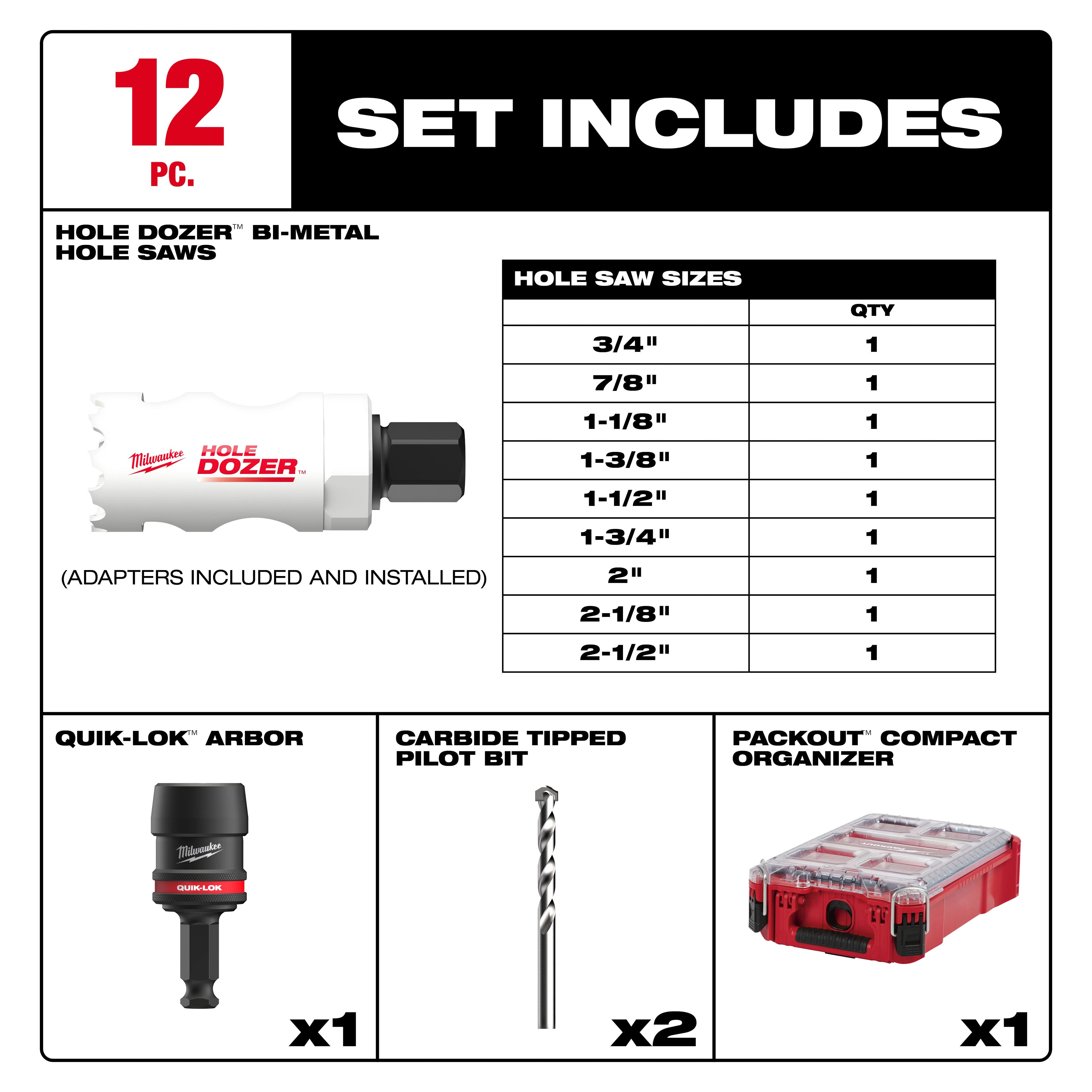 MILWAUKEE 49-22-4702 12PC QUIK LOK™ HOLE DOZER™ Bi-Metal Kit with PACKOUT™ Compact Organizer