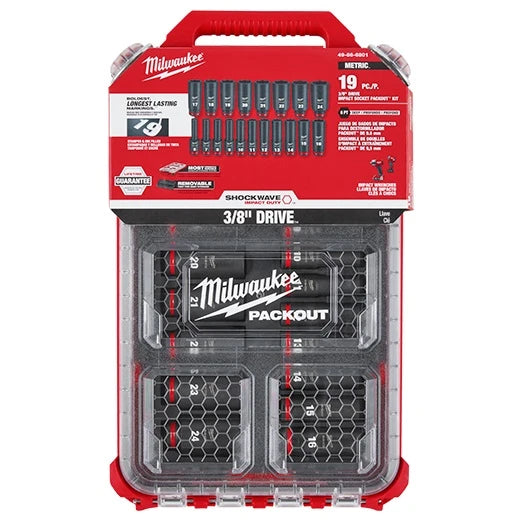 Milwaukee 49-66-6801 SHOCKWAVE Impact Duty 3/8" Drive Metric Deep Well PACKOUT Socket Set (19-Piece)