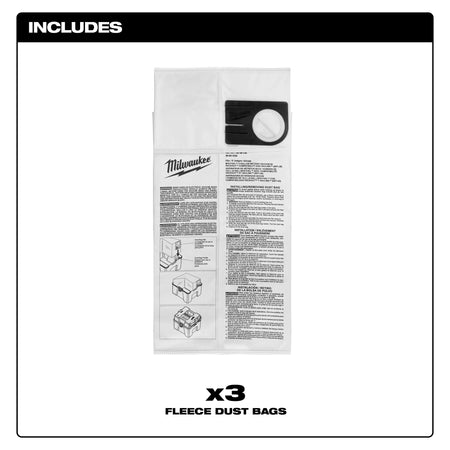 Milwaukee 49-90-1939 Package Contents showing 3 Fleece Dust Bags