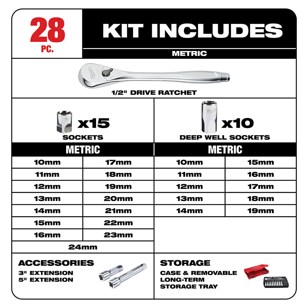 Milwaukee 48-22-9510 - 28 pc. 1/2 in. Socket Wrench Set (Metric)