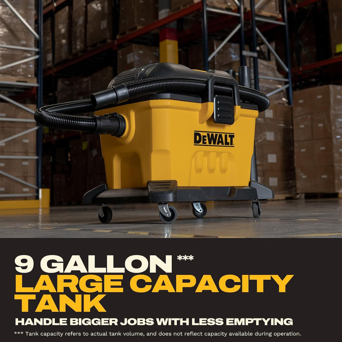DEWALT DXCVXA092B 20V MAX AC/DC 9 Gallon Wet/Dry Vacuum - 9 gallon tank in use