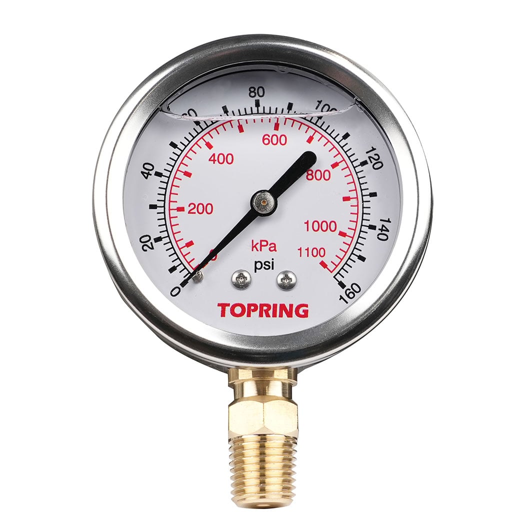 TOPRING 55.628 - 2-1/2 In. Stainless Steel Liquid Filled Pressure Gauge With Glycerin 0 to 160 PSI