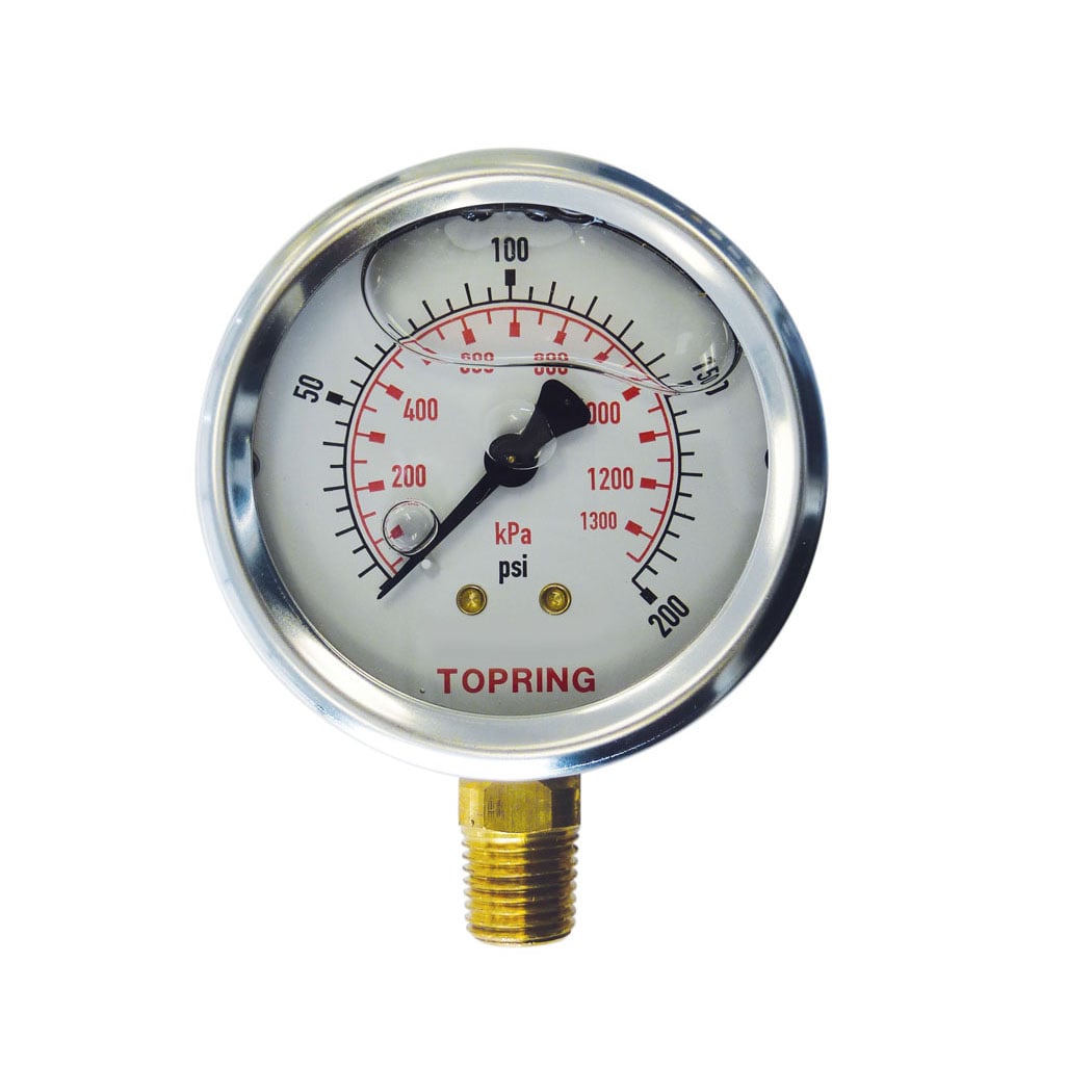 TOPRING 55.633 - 2-1/2 In. Stainless Steel Liquid Filled Pressure Gauge With Glycerin 0 to 200 PSI