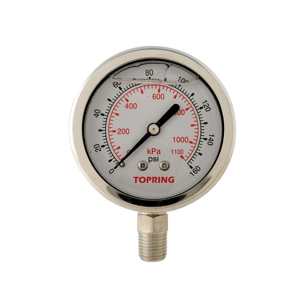 TOPRING 55.825 - 2-1/2 In. Stainless Steel Liquid Filled Pressure Gauge With Glycerin 0 to 160 PSI