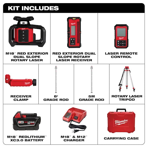Milwauke 3704-21T- M18™ Red Exterior Dual Slope Rotary Laser Level Kit w/ Receiver, Remote, Grade Rod & Tripod