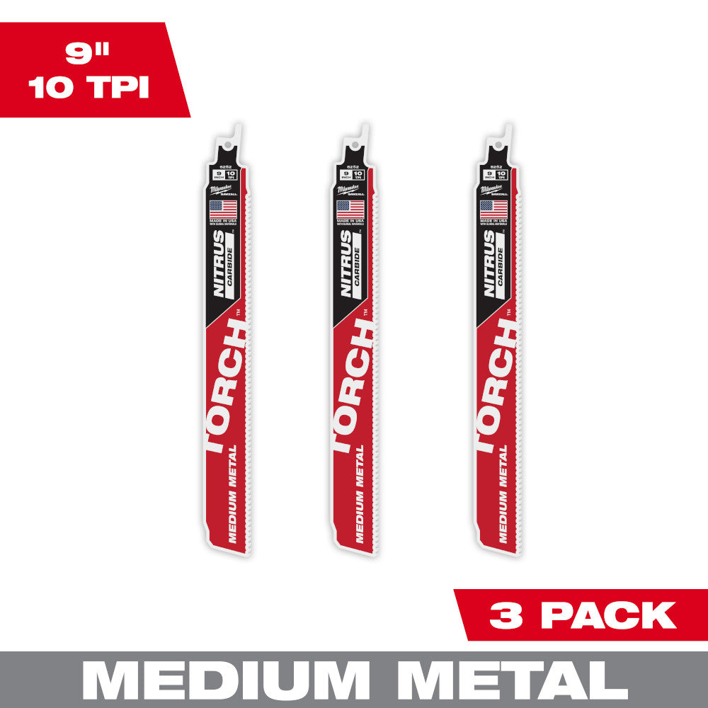 Milwaukee 48-00-6352 - 9" 10TPI The TORCH™ with NITRUS CARBIDE™ Teeth for Medium Metal 3PK