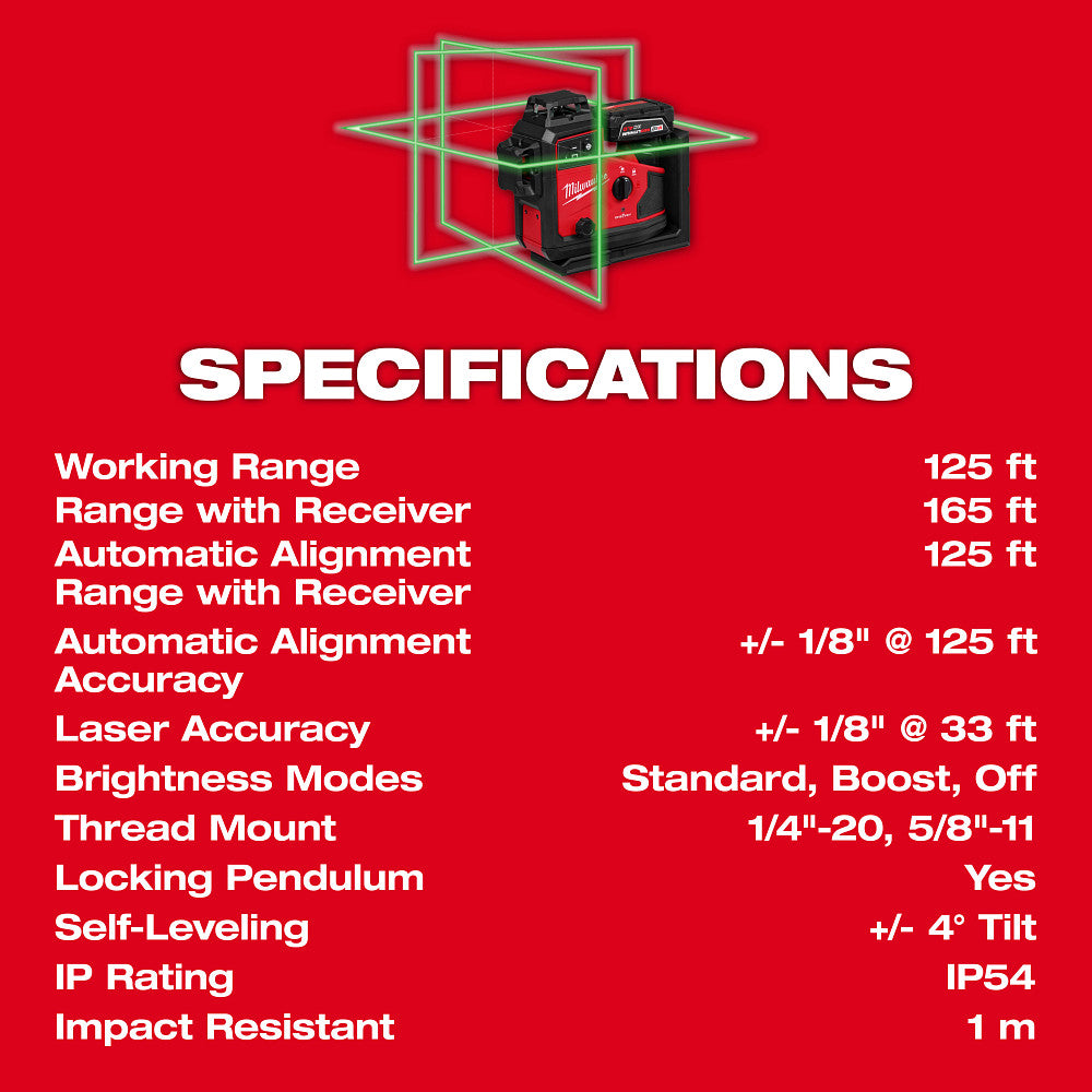 Milwaukee 3642-21 - Laser vert 360° M12™ à 3 plans avec alignement automatique et récepteur