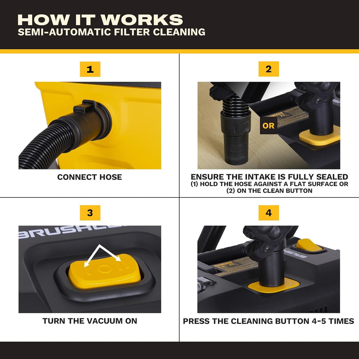 DEWALT DXCVXA092B 20V MAX AC/DC 9 Gallon Wet/Dry Vacuum - semi-automatic filter cleaning steps