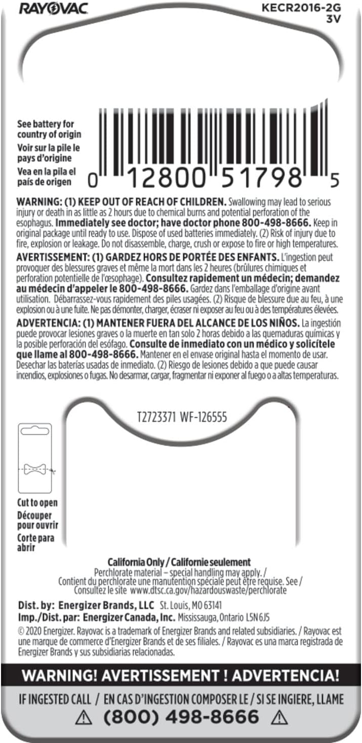 RAYOVAC KECR2016-2, 3-Lithium Coin Cell Batteries, 3 V (2-Pack/Cr2016 Size)