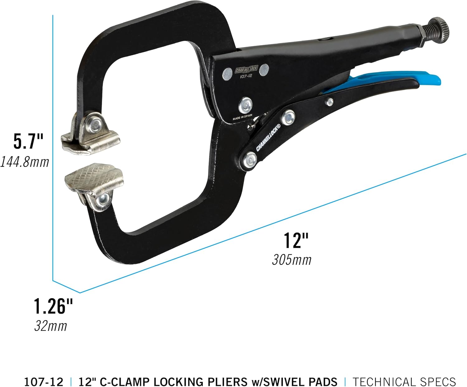 Channellock CHA-107-12 - Pince-étau à serrage en C de 12 po - Avec patins pivotants