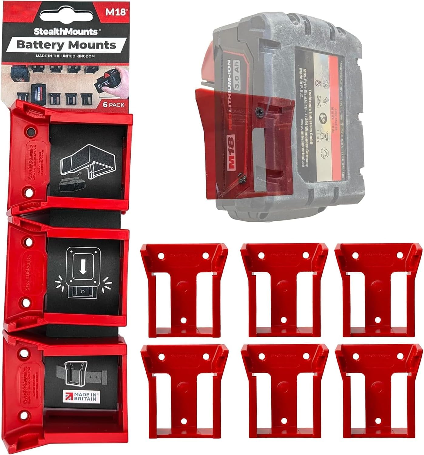 Support de batterie StealthMounts Milwaukee M18 rouge, lot de 6, article n° BM-MW18-RED-6 