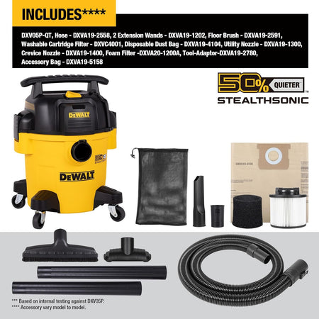DEWALT DXV05P-QT 5 Gallon 4.0 Peak HP STEALTHSONIC Quiet Poly Wet/Dry Vacuum