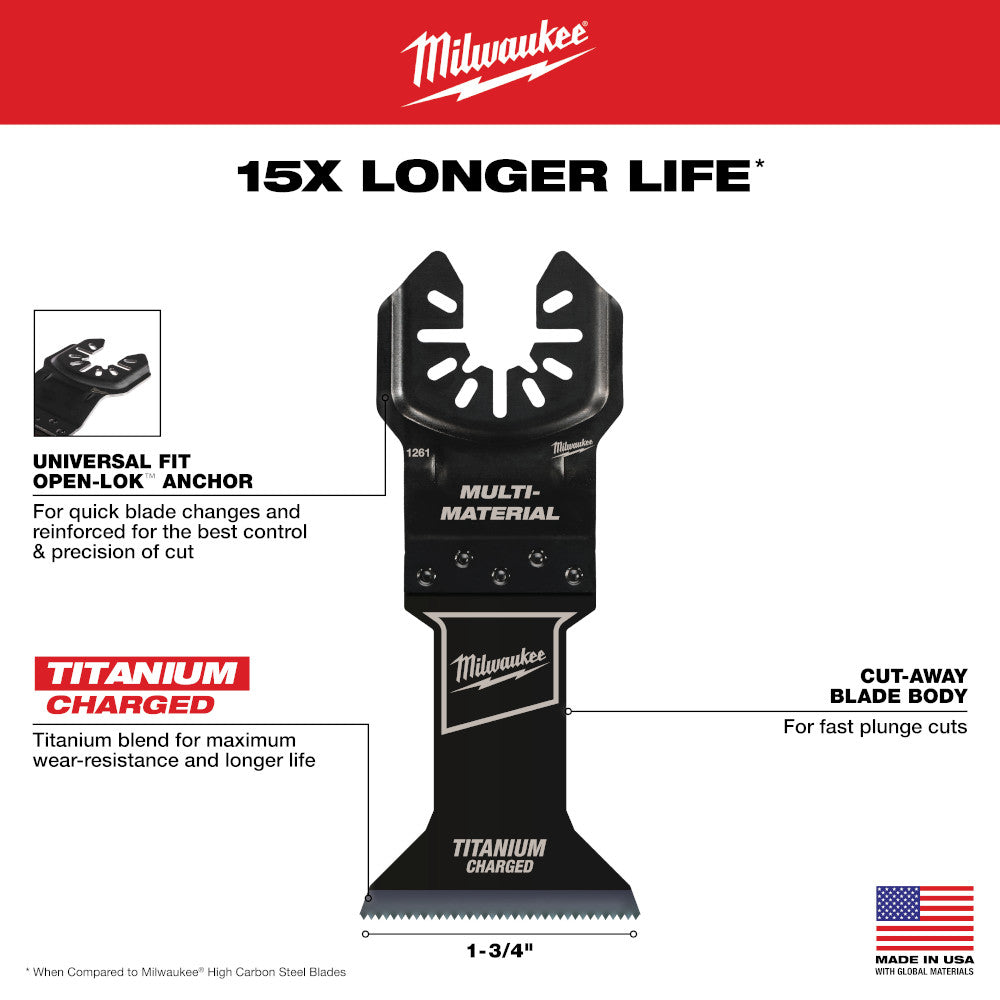 Milwaukee 49-25-1263 - Lames multi-outils bimétalliques multi-matériaux OPEN-LOK™ 1-3/4" TITANIUM CHARGED™, paquet de 3