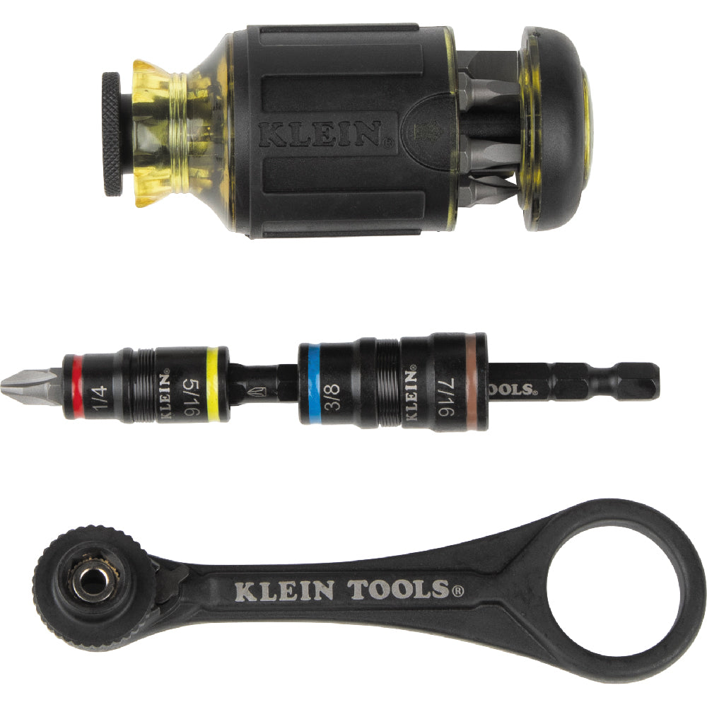 Klein KLE-85515HD - Coffret de 3 douilles rabattables, mini-cliquet et tournevis multi-embouts