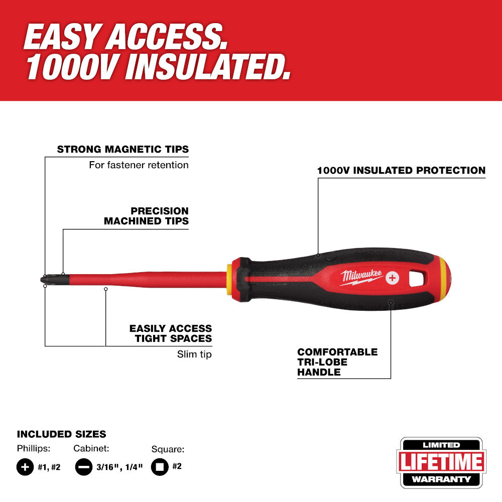 Milwaukee 48-22-2206 – 6-teiliger 1000-V-isolierter Schraubendrehersatz mit schmaler Spitze