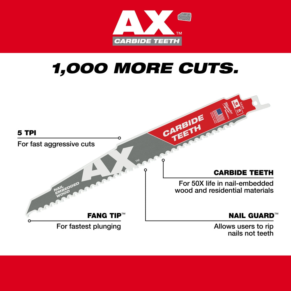 Milwaukee 48-00-8526 - Lames SAWZALL® 9" 5 TPI The AX™ avec dents en carbure, paquet de 25