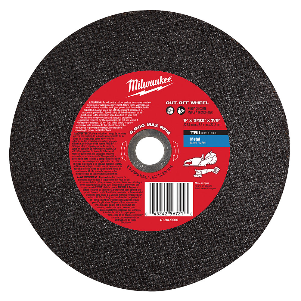 Milwaukee 49-94-9000  -  MILWAUKEE   9" X 3/32" X 7/8" Metal Cut-Off Wheel