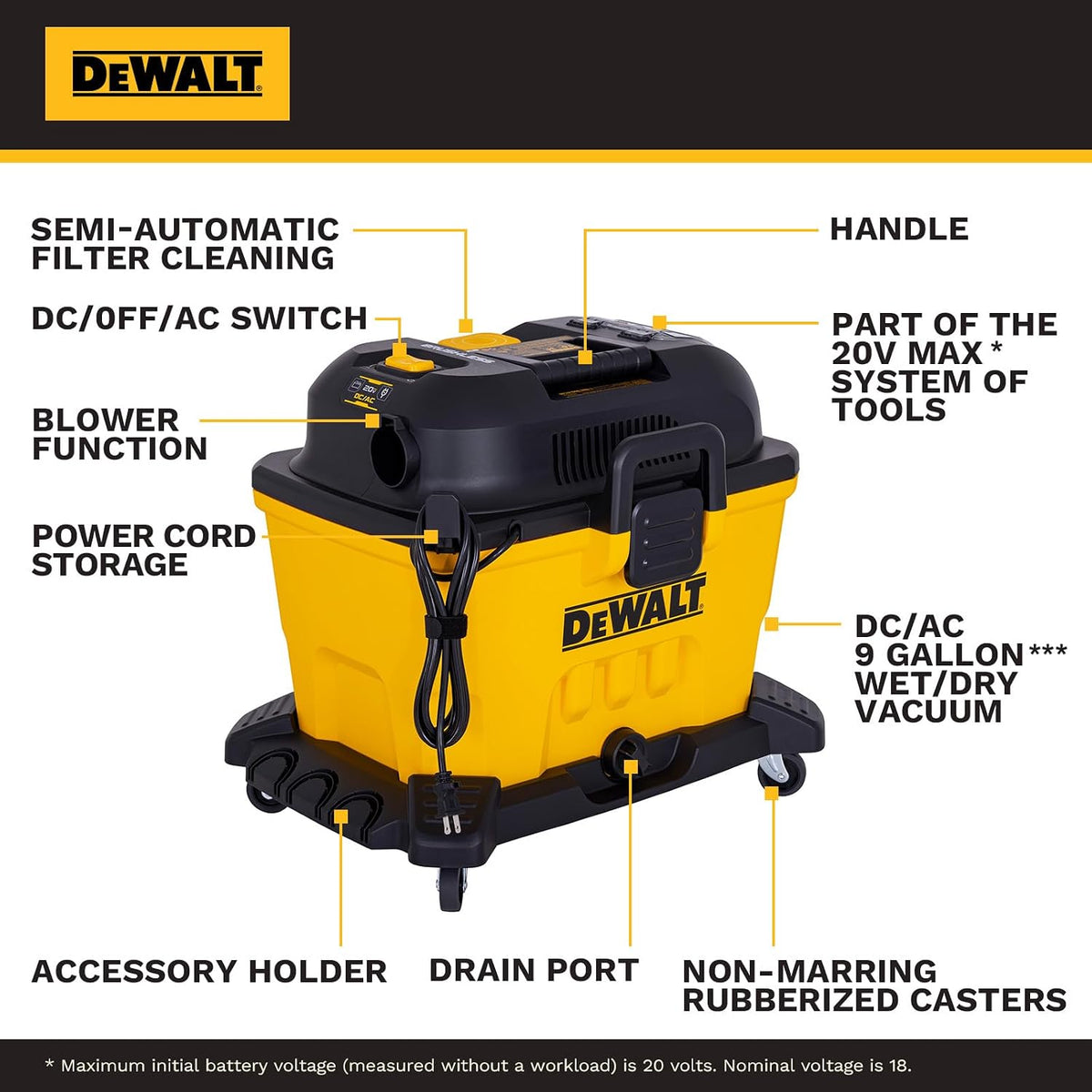 DEWALT DXCVXA092B 20V MAX AC/DC 9 Gallon Wet/Dry Vacuum - feature callouts
