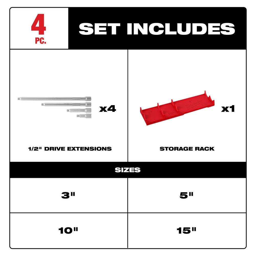 Milwaukee 48-22-9342 - 4pc 1/2” Drive Extension Set