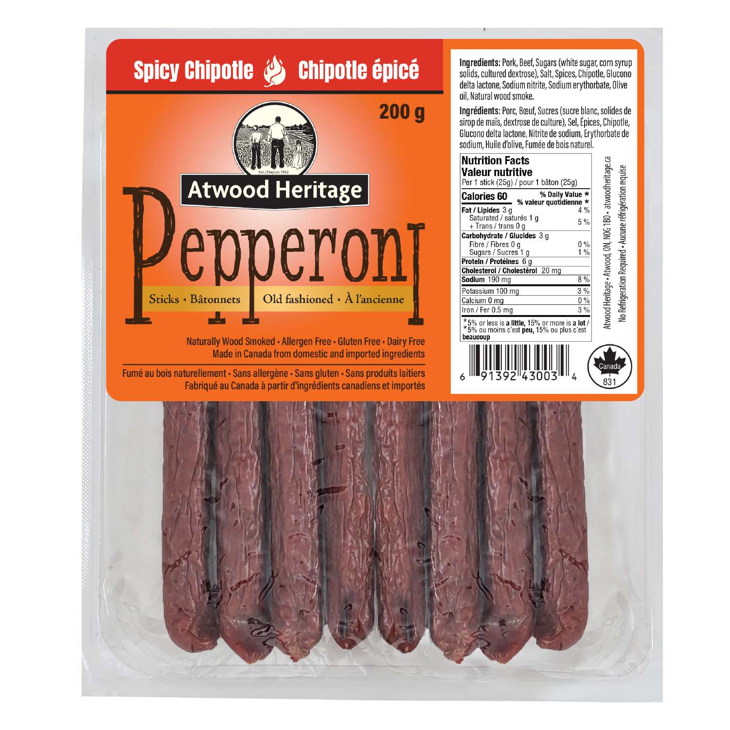 ATWOOD HERITAGE ATW-43003 - 8pk Spicy Chipotle Pepperoni Sticks