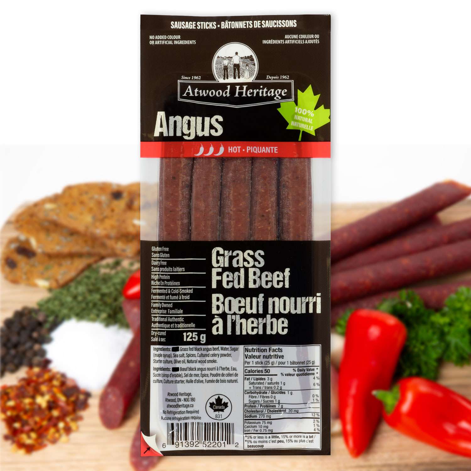 ATWOOD HERITAGE ATW-52201 - Angus Grass-Fed Beef Snack Sticks - Hot (5 Pack)