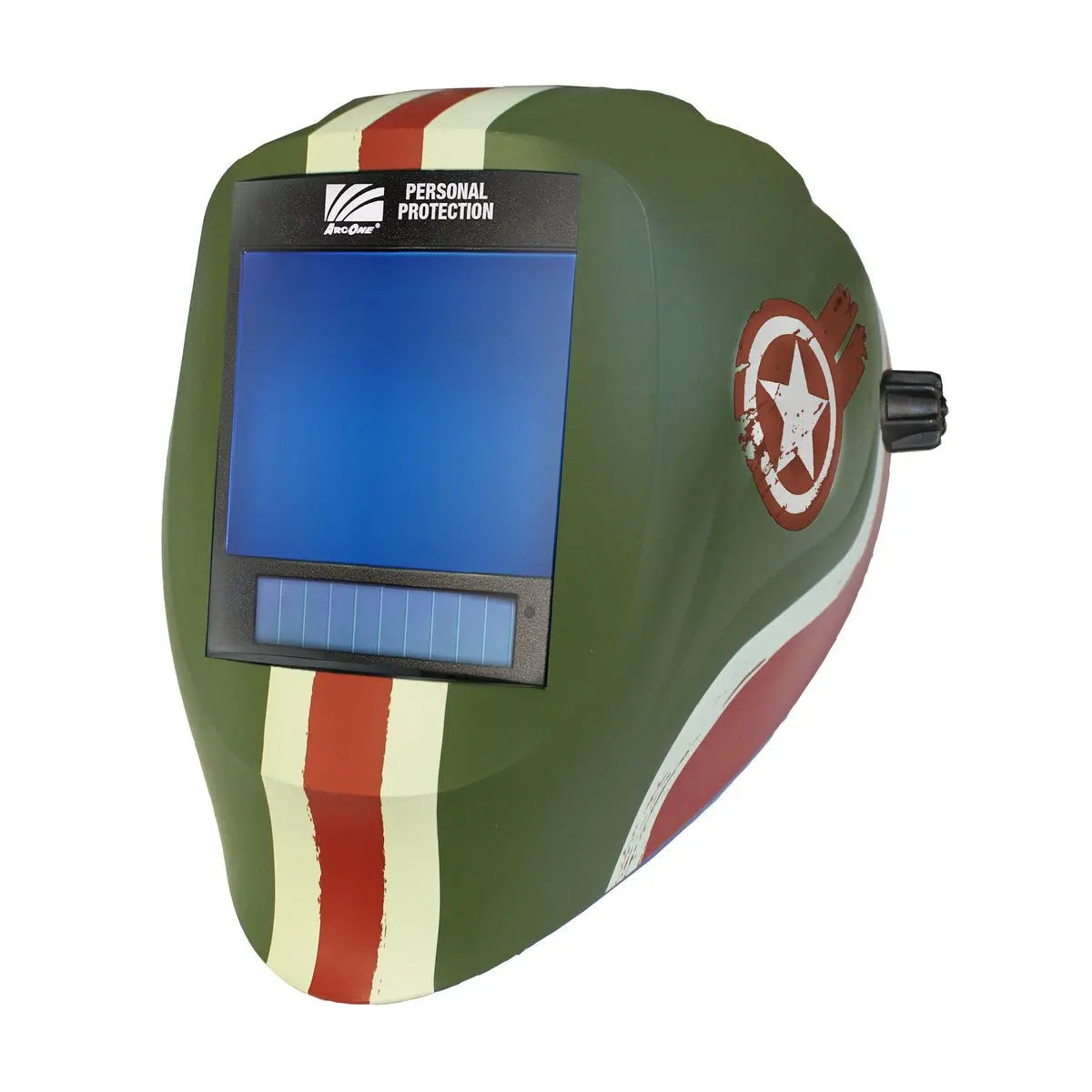 ArcOne® Vision® Green/Red/White Welding Helmet Variable Shades 7, 5 - 14 Auto Darkening Lens, Xtreme® Digital And Tank Graphics Walter