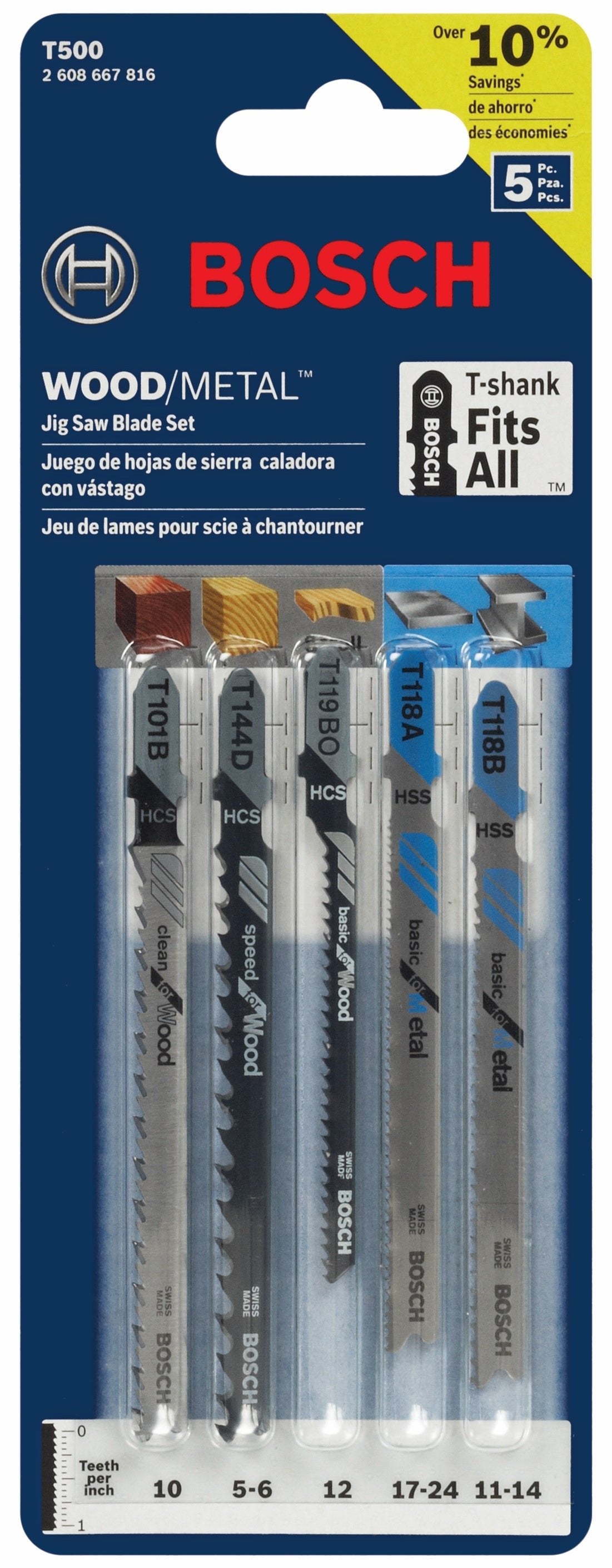 Bosch T500  -  5pc T-Shank Jig Saw Blade Set - Wise Line Tools