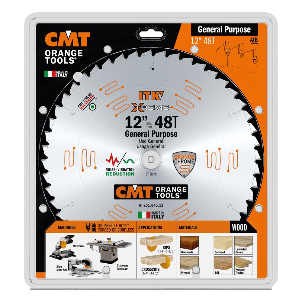 CMT 251.045.12 ITK GENERAL PURPOSE SAW BLADE, 12-INCH X 45 TEETH 1FTG+2ATB GRIND WITH 1-INCH BORE - Wise Line Tools