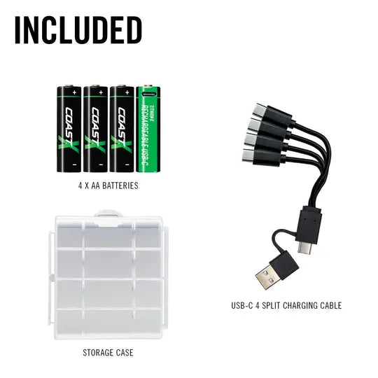 Coast - 4pk Zithion-X Rechargeable USB-C Batteries with Charging Cable COAST