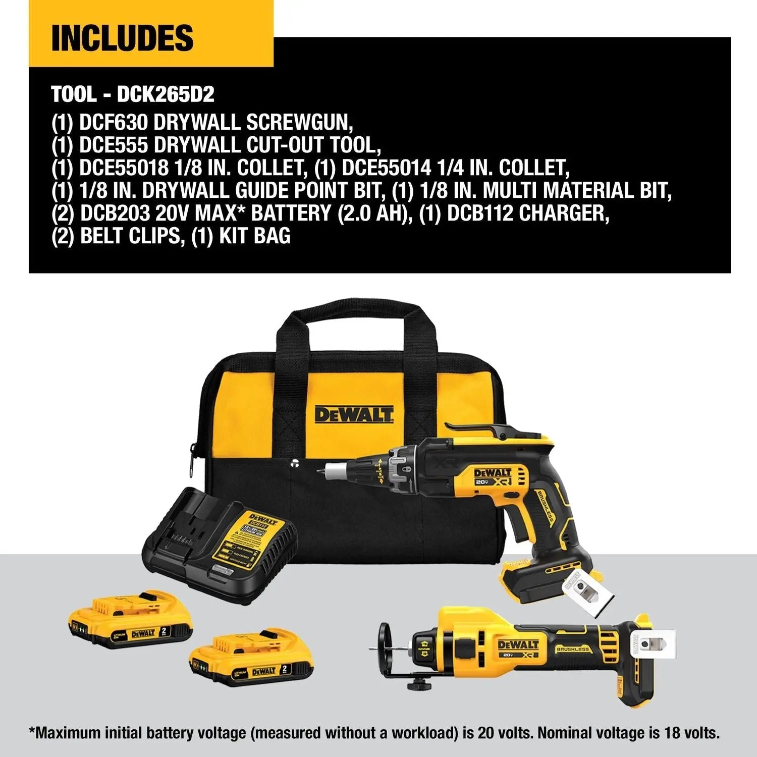 DEWALT DCK265D2-20V MAX* XR Brushless Drywall Screwgun and Cut-Out Tool Combo Kit (2.0Ah) - Wise Line Tools