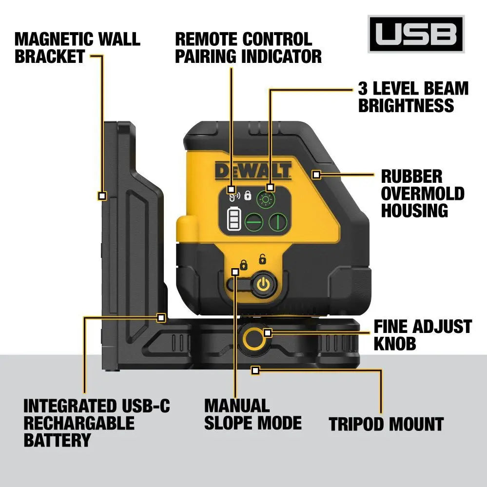 DEWALT DCLE14201GB - USB Rechargeable Green Cross Line Laser Base Kit DEWALT