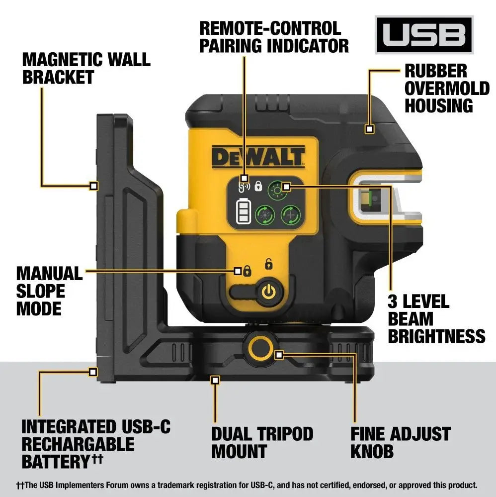 DEWALT DCLE14221GB - USB Green 2-Spot & Crossline Laser Base Kit DEWALT