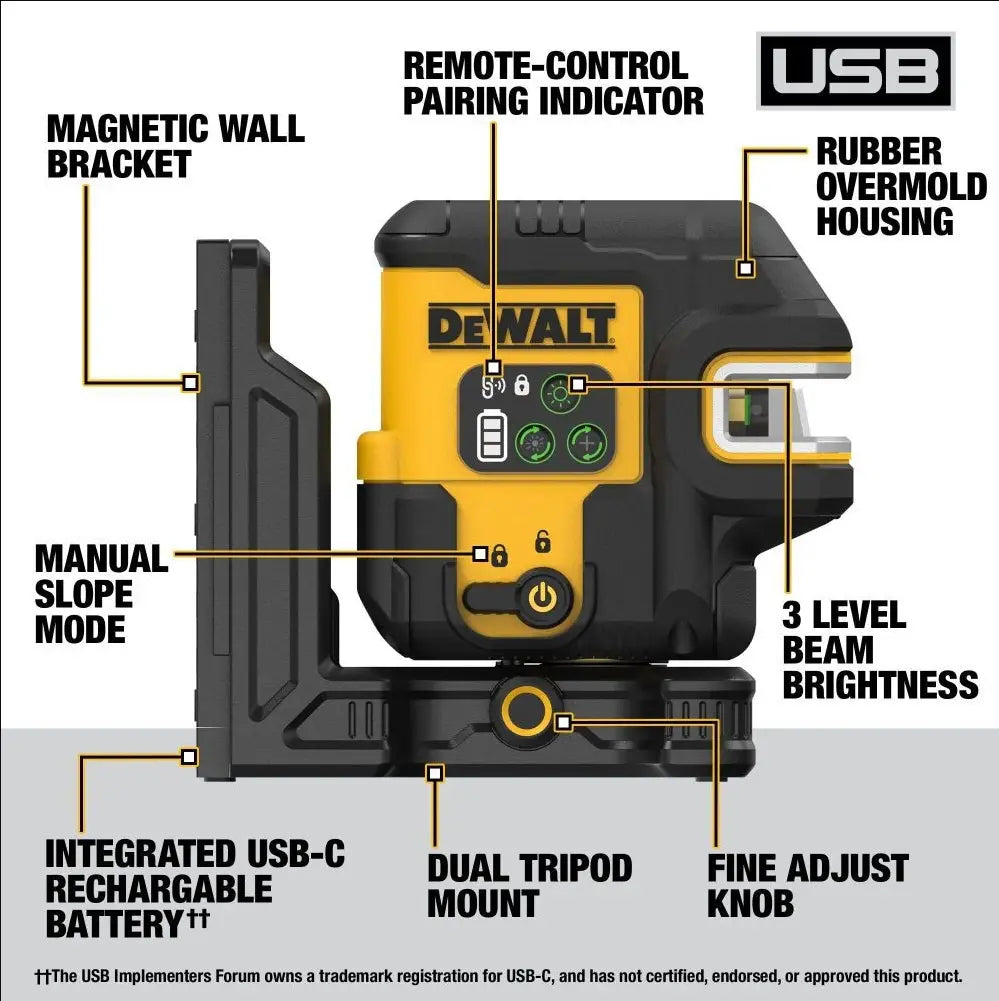 DEWALT DCLE14251GB - USB Rechargeable Green 5 Spot & Cross Line Laser Base Kit DEWALT