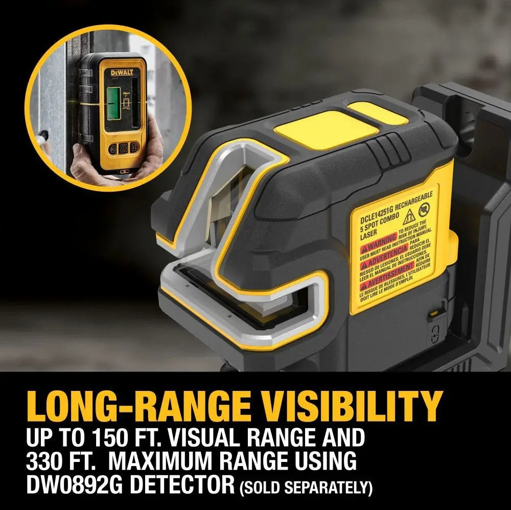 DEWALT DCLE14251GB - USB Rechargeable Green 5 Spot & Cross Line Laser Base Kit DEWALT