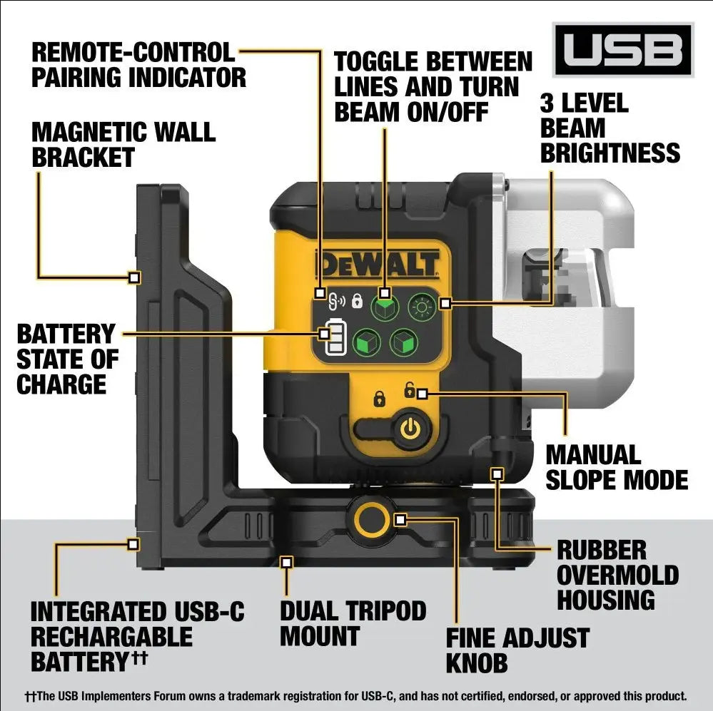 DEWALT DCLE14301GB - USB Rechargeable Green 3 X 180 Degree Line Laser Base Kit DEWALT