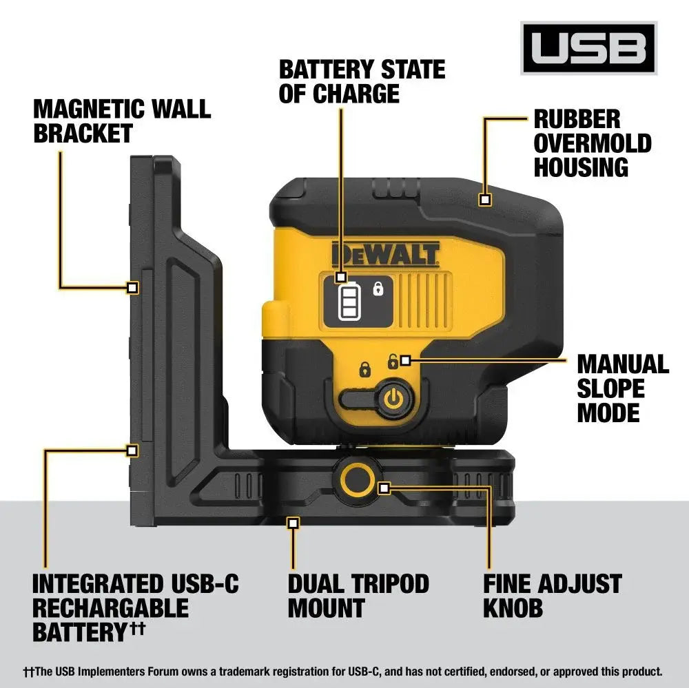 DEWALT DCLE16031GB - USB Rechargeable Green 3 Spot Laser DEWALT